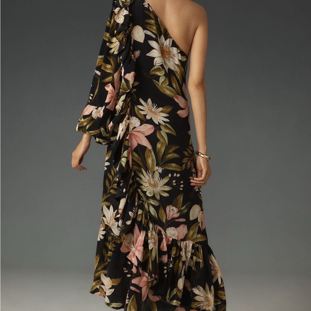 FARM Rio Black One-Shoulder Floral Ruffle Dress